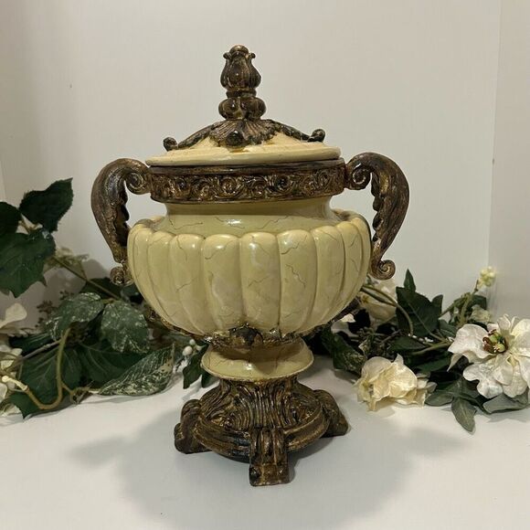 Antique Look Roman Greek Urn Planter Vase 9"x 11" Cream & Bronze Ornate With Lid - Picture 3 of 14